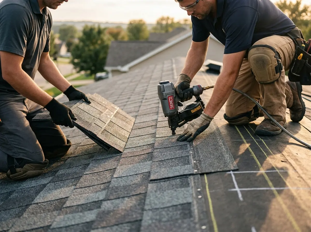 Professional roofer working on a residential roof in Buford